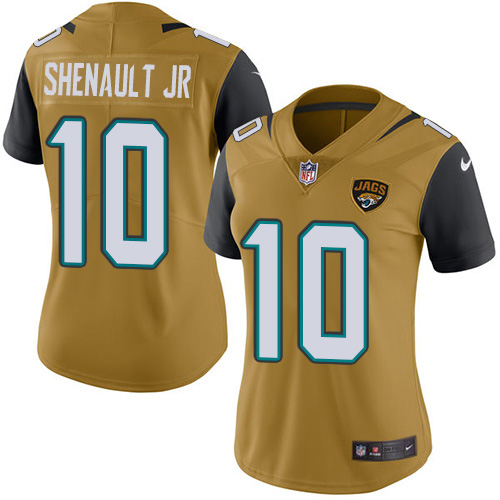 Nike Jacksonville Jaguars #10 Laviska Shenault Jr. Gold Women Stitched NFL Limited Rush Jersey->women nfl jersey->Women Jersey
